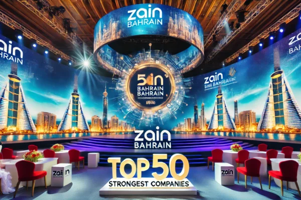 DALA vibrant award ceremony scene highlighting Zain Bahrain's recognition among the Top 50 strongest companies. The setting includes a modern stage with