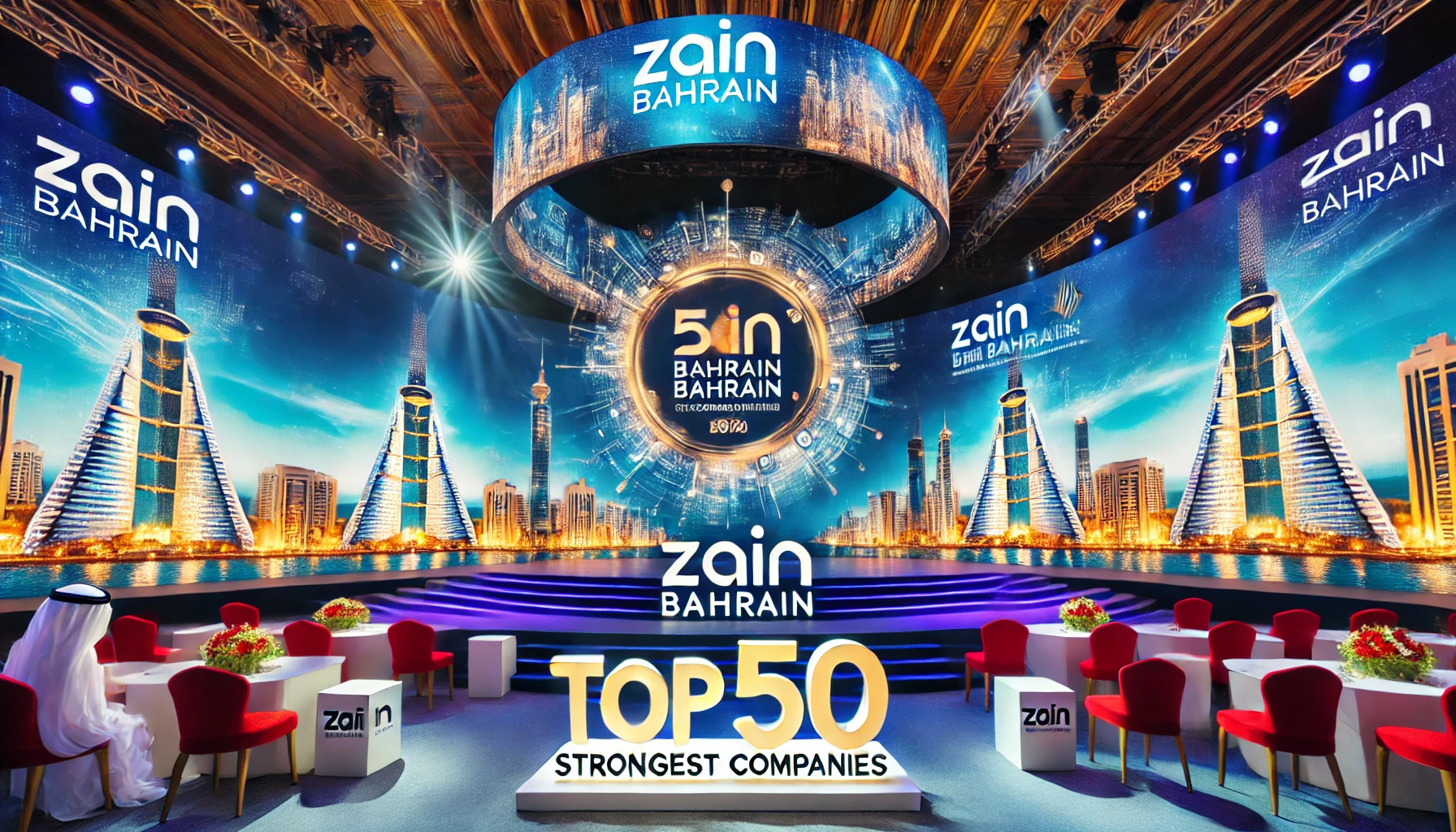 DALA vibrant award ceremony scene highlighting Zain Bahrain's recognition among the Top 50 strongest companies. The setting includes a modern stage with