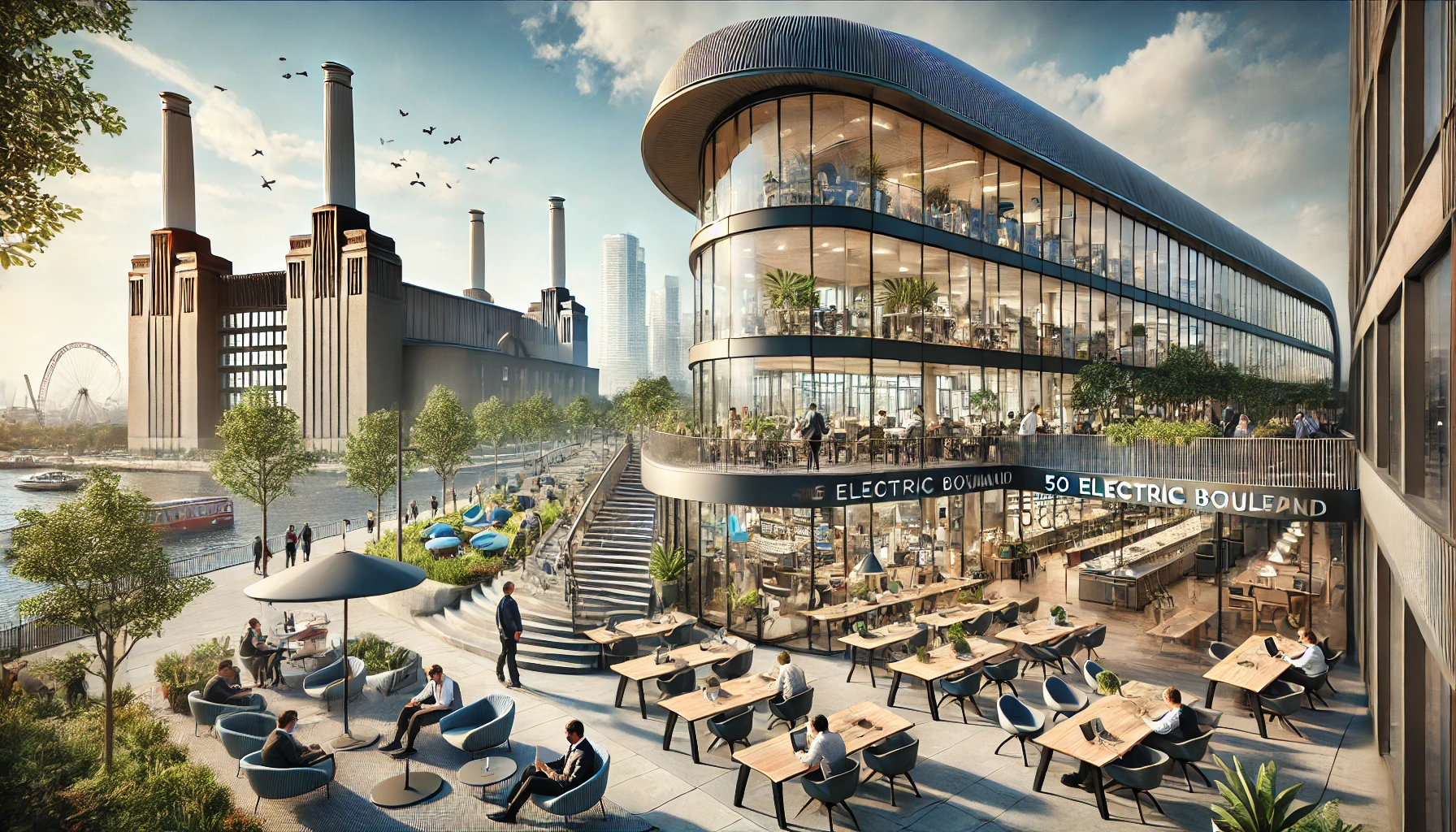 A modern office building scene showcasing SharkNinja's new EMEA headquarters at Battersea Power Station's 50 Electric Boulevard. The setting includes