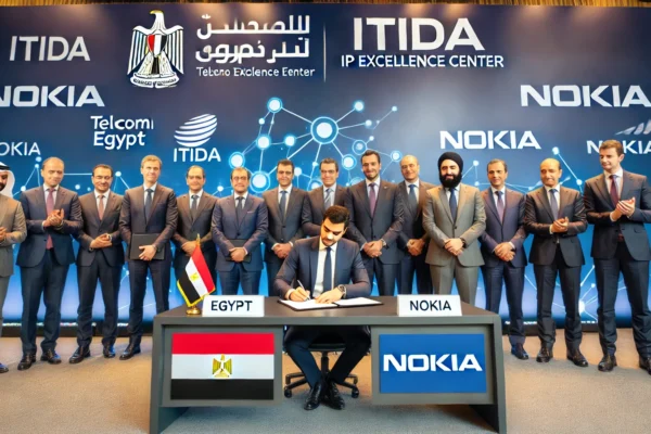 A professional business signing ceremony in a modern conference hall, featuring representatives from Egypt, Telecom Egypt, ITIDA, and Nokia. The backd