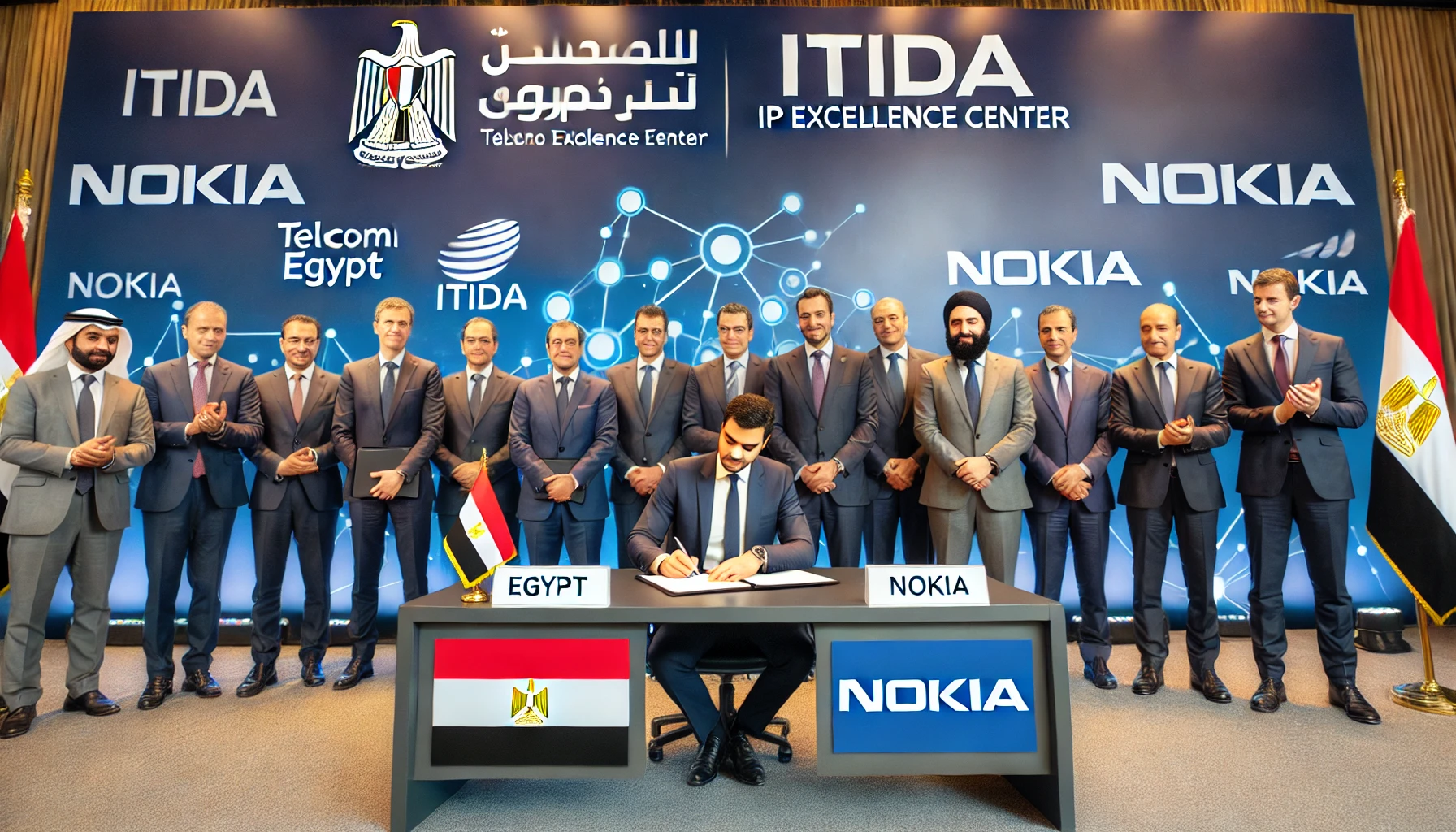 A professional business signing ceremony in a modern conference hall, featuring representatives from Egypt, Telecom Egypt, ITIDA, and Nokia. The backd