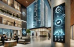 A modern residential development scene featuring high-rise towers with advanced smart technology installations. The setting includes a sleek lobby wit