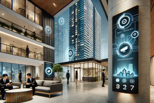 A modern residential development scene featuring high-rise towers with advanced smart technology installations. The setting includes a sleek lobby wit