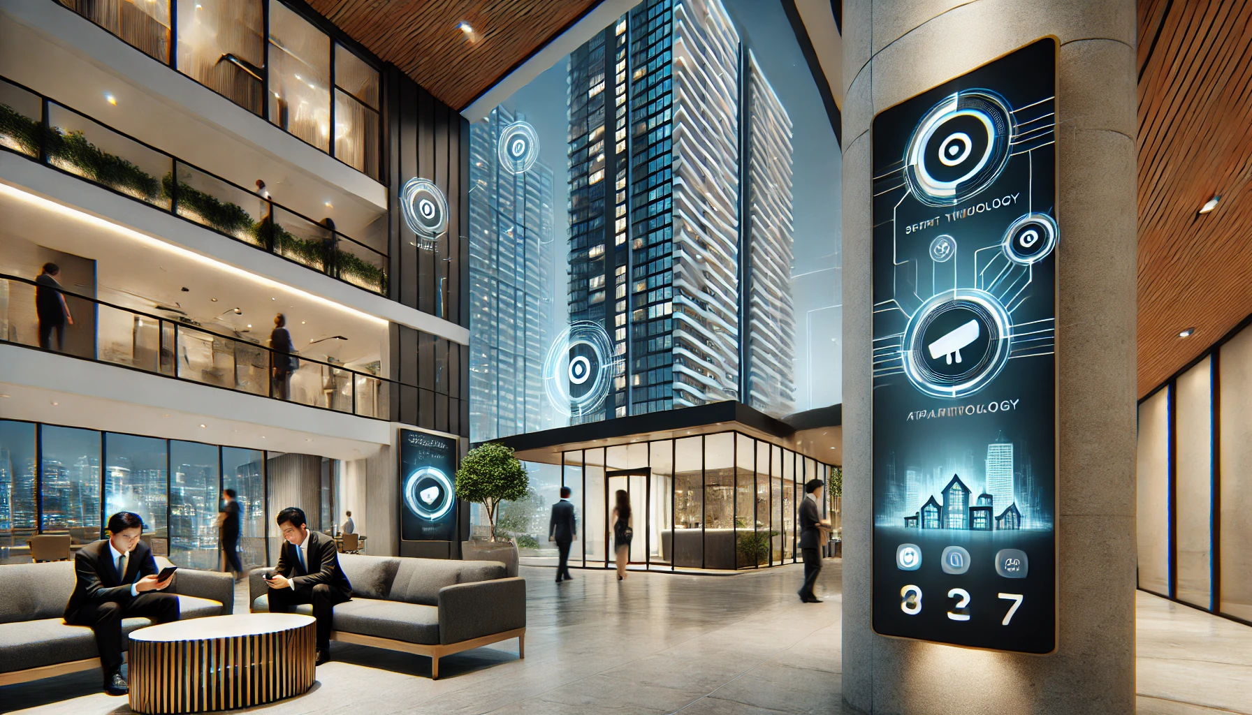 A modern residential development scene featuring high-rise towers with advanced smart technology installations. The setting includes a sleek lobby wit