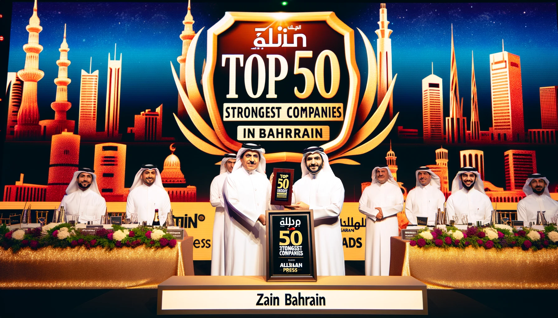 A prestigious award ceremony scene with Zain Bahrain representatives receiving an award. The backdrop features a large banner with the text 'Top 50 St