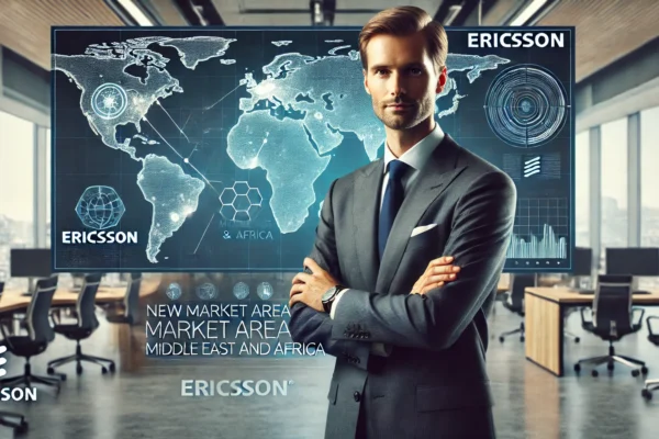 A professional business setting with Patrick Johansson, the new Head of Market Area Middle East and Africa for Ericsson, standing confidently in front