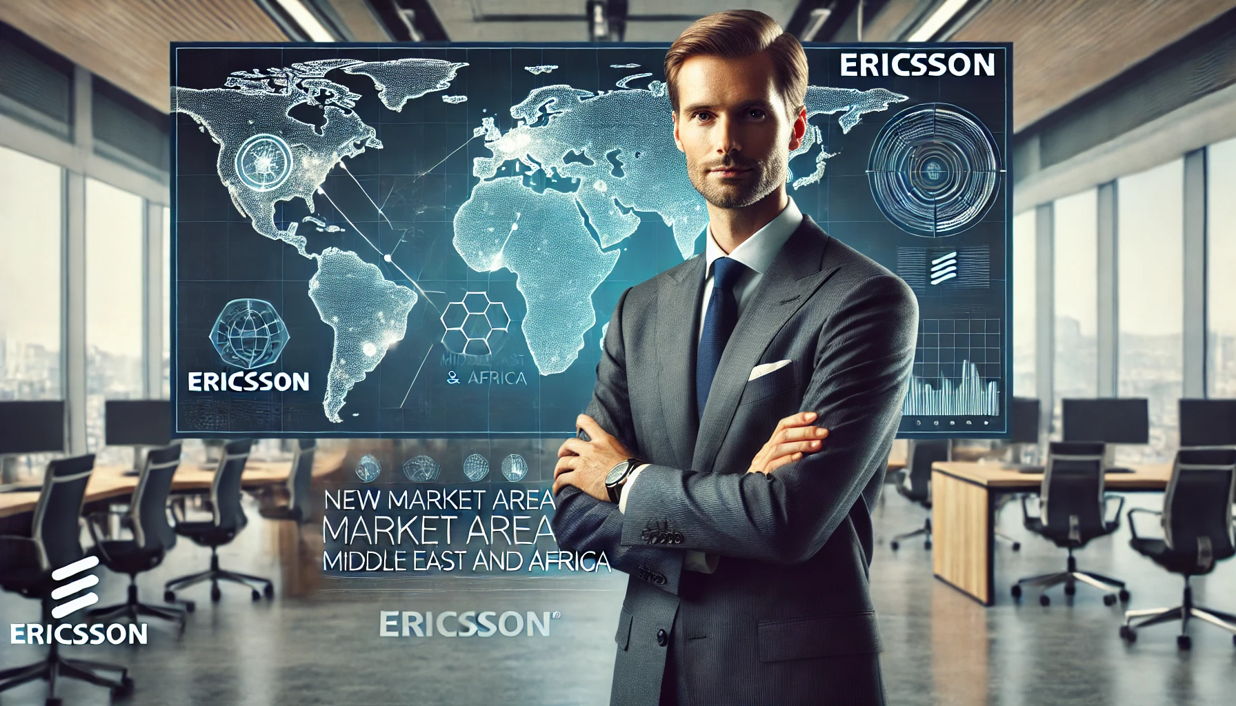 A professional business setting with Patrick Johansson, the new Head of Market Area Middle East and Africa for Ericsson, standing confidently in front