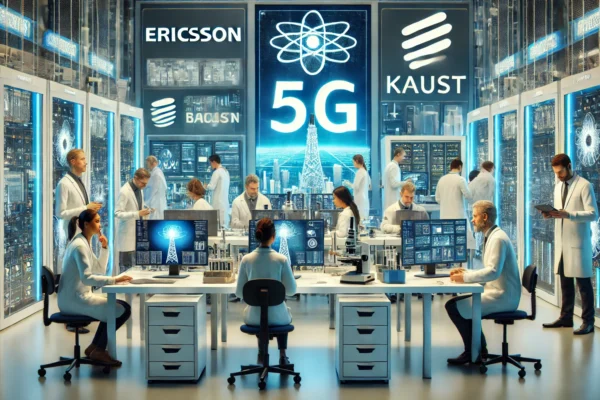 A collaborative research environment with scientists and engineers from Ericsson and KAUST working together in a high-tech lab. The scene includes adv