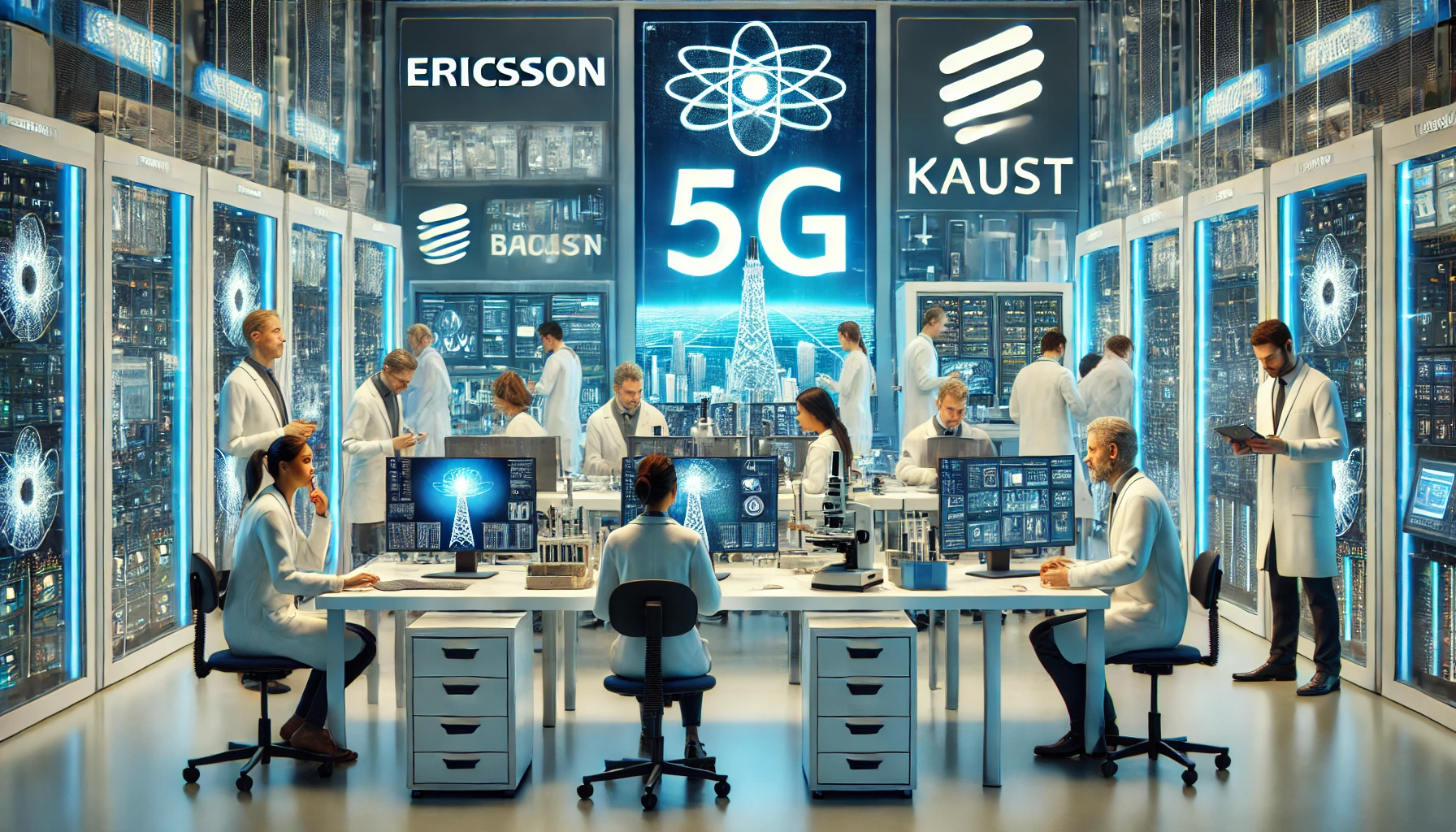 A collaborative research environment with scientists and engineers from Ericsson and KAUST working together in a high-tech lab. The scene includes adv