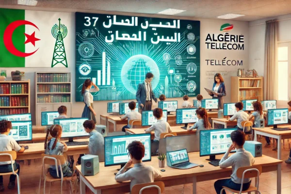 A modern classroom in Algeria with primary school students using computers connected to high-speed internet. The scene includes teachers assisting students