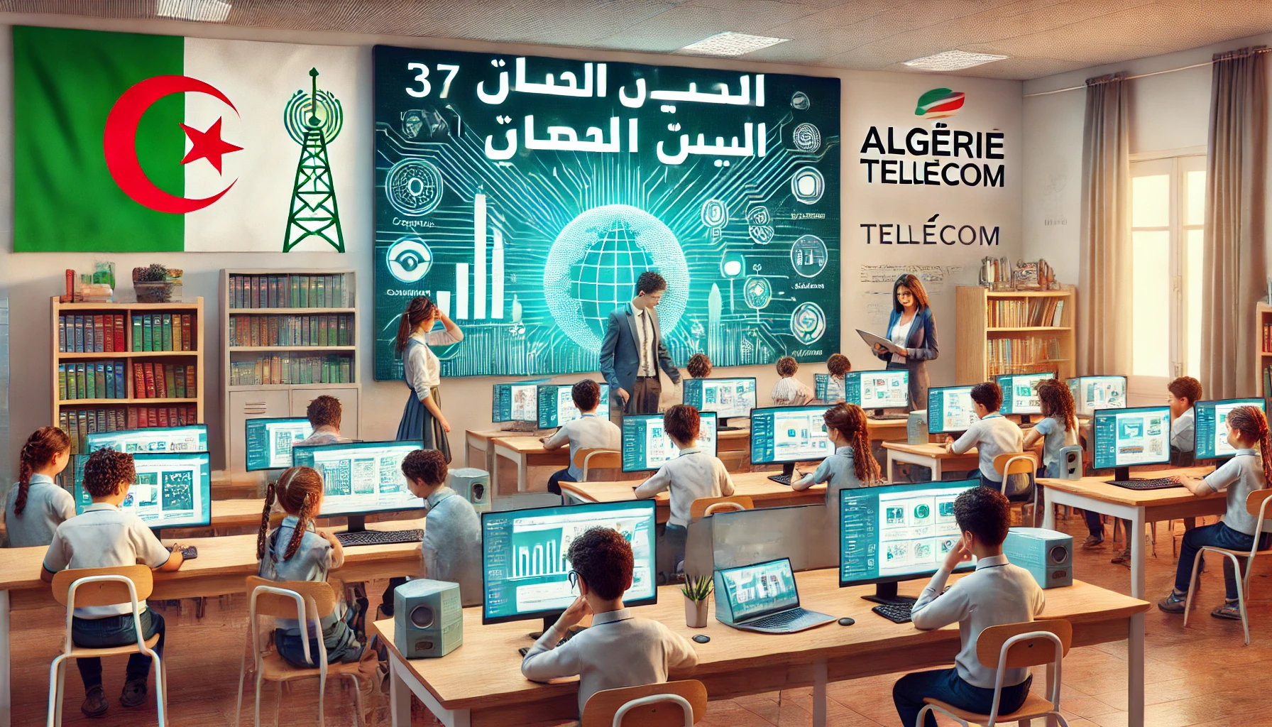 A modern classroom in Algeria with primary school students using computers connected to high-speed internet. The scene includes teachers assisting students