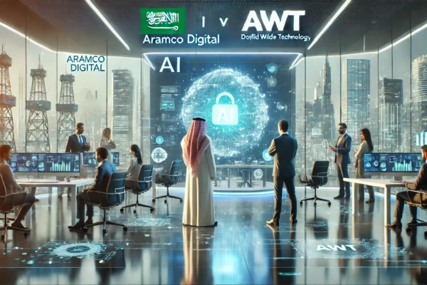 A futuristic business setting showcasing the collaboration between Aramco Digital and World Wide Technology (WWT) in Saudi Arabia. The scene features