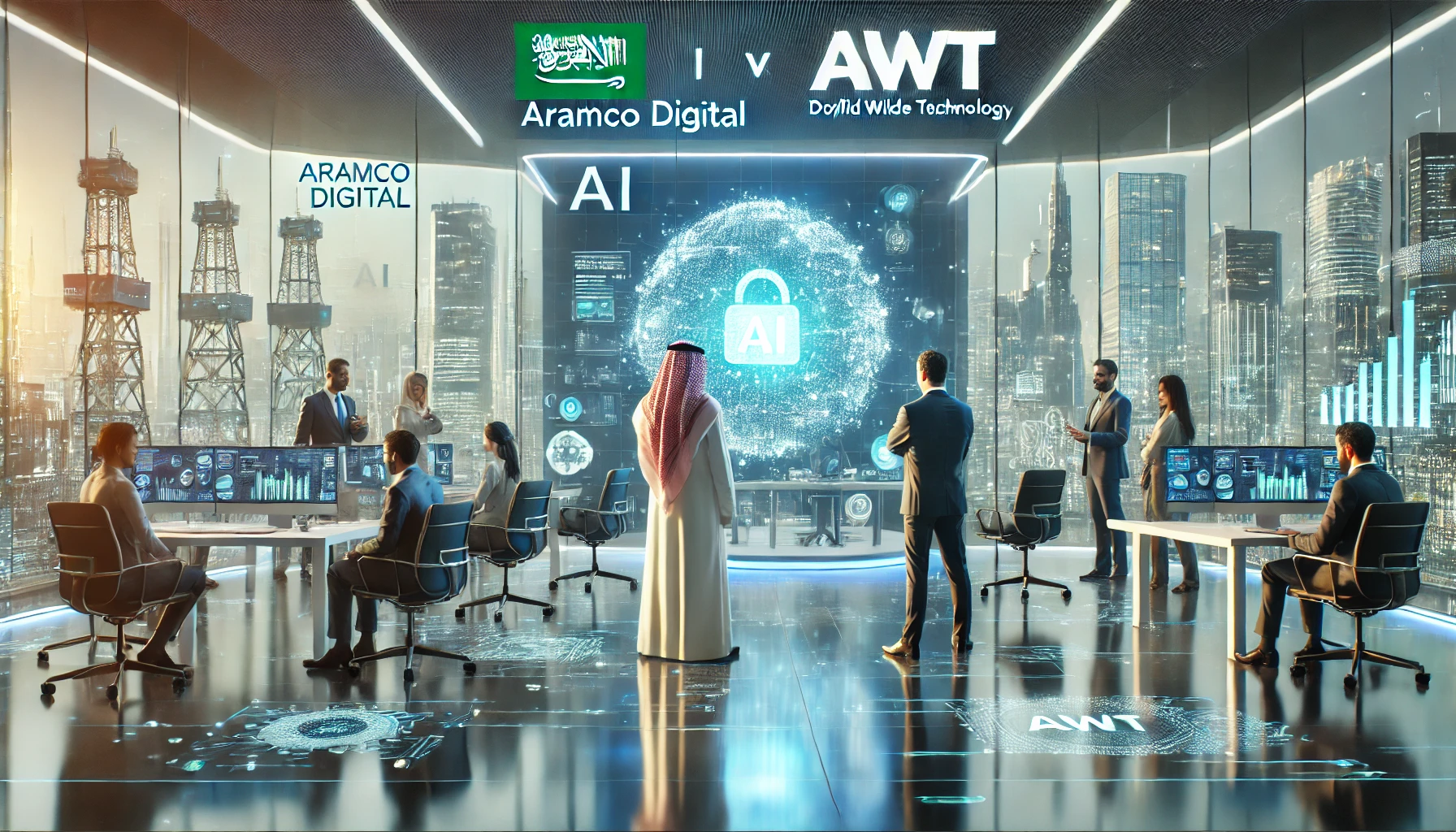 A futuristic business setting showcasing the collaboration between Aramco Digital and World Wide Technology (WWT) in Saudi Arabia. The scene features