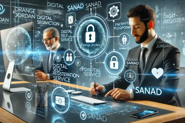 A modern digital service environment featuring customers using Orange Jordan's digital self-registration service via smartphones and computers. The sc