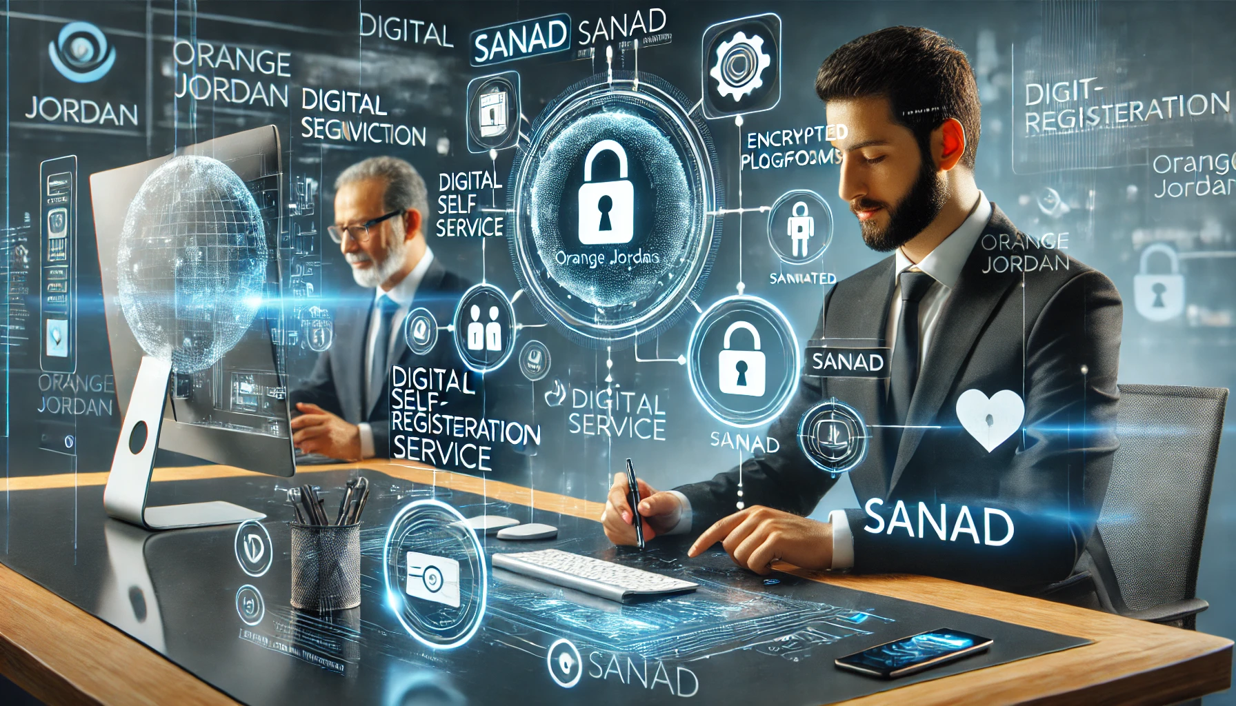 A modern digital service environment featuring customers using Orange Jordan's digital self-registration service via smartphones and computers. The sc