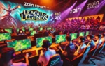 A vibrant esports event featuring players competing in League of Legends at multiple venues. The scene includes branding from Zain Esports and Riot Games