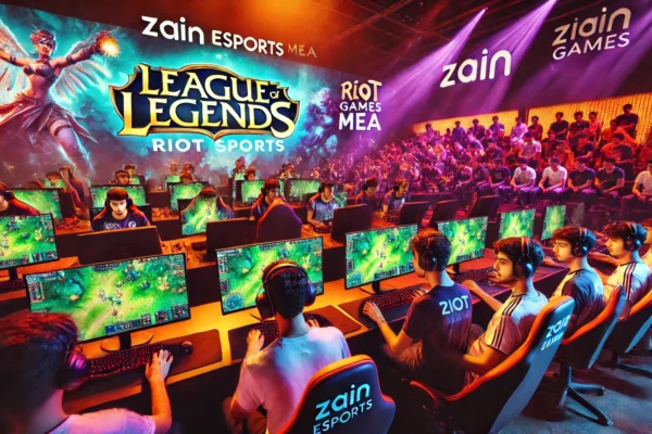 A vibrant esports event featuring players competing in League of Legends at multiple venues. The scene includes branding from Zain Esports and Riot Games