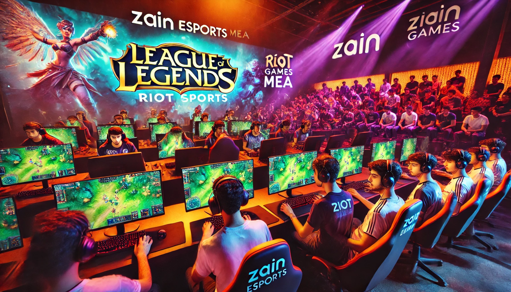 A vibrant esports event featuring players competing in League of Legends at multiple venues. The scene includes branding from Zain Esports and Riot Games