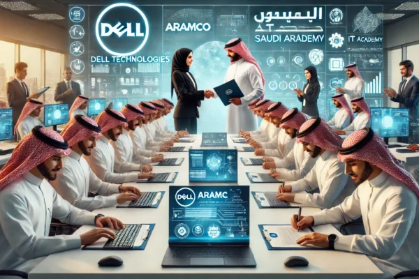 A professional setting featuring representatives from Dell Technologies, Aramco, and the National IT Academy (NITA) signing a collaboration agreement