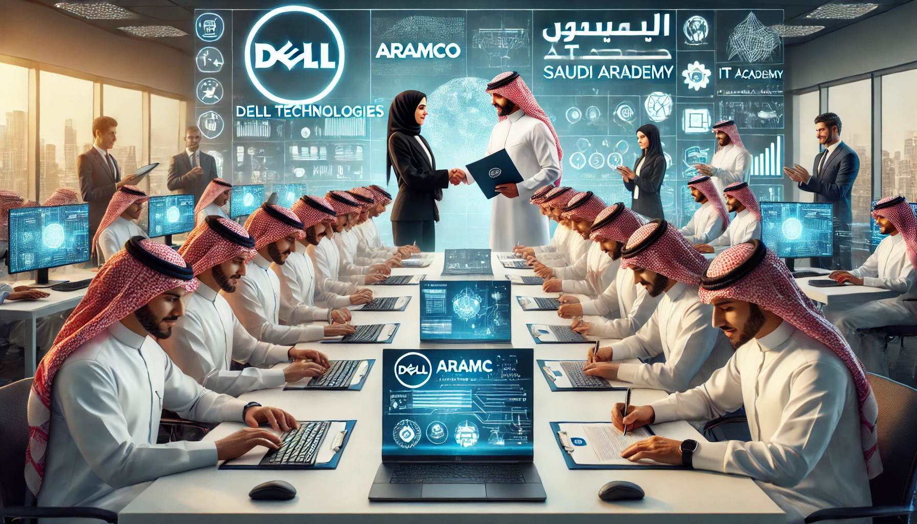 A professional setting featuring representatives from Dell Technologies, Aramco, and the National IT Academy (NITA) signing a collaboration agreement