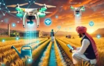 A vibrant agricultural scene in Pakistan's Punjab province with drones monitoring wheat fields. Farmers are using smartphones to control irrigation an