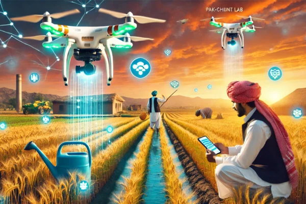 A vibrant agricultural scene in Pakistan's Punjab province with drones monitoring wheat fields. Farmers are using smartphones to control irrigation an