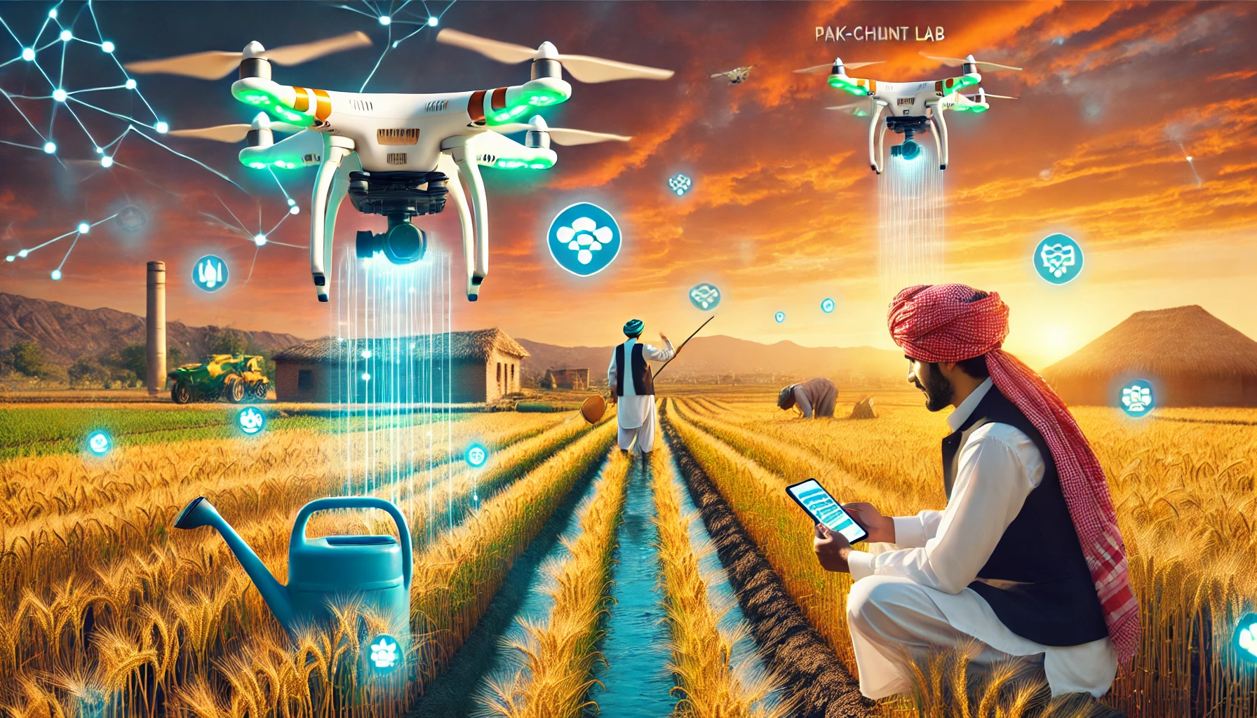 A vibrant agricultural scene in Pakistan's Punjab province with drones monitoring wheat fields. Farmers are using smartphones to control irrigation an