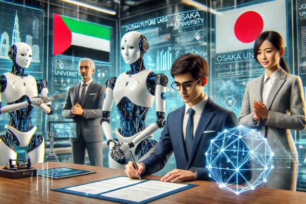 A professional research collaboration scene featuring representatives from Dubai Future Labs, Osaka University, and Japan Science and Technology Agency