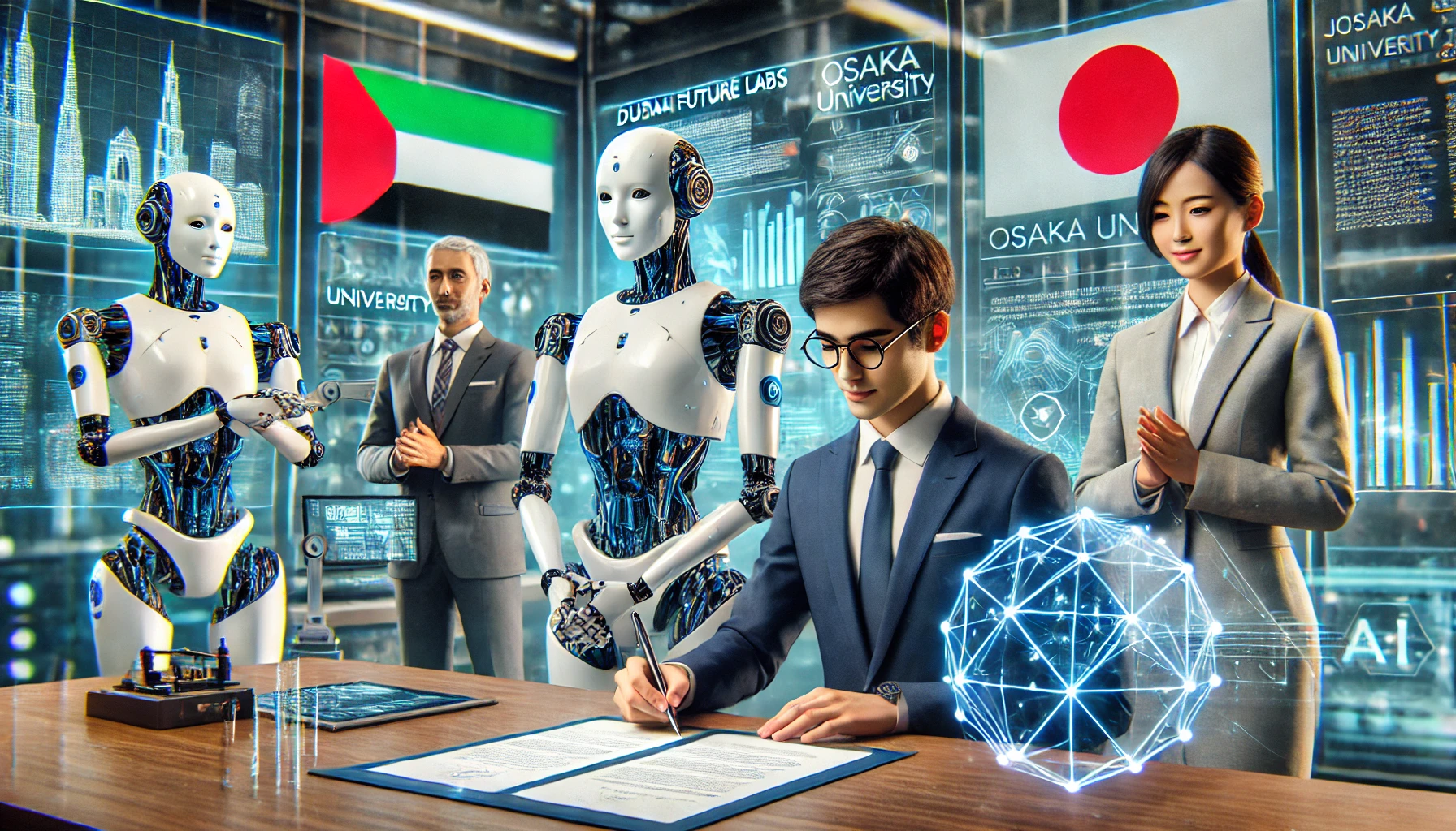 A professional research collaboration scene featuring representatives from Dubai Future Labs, Osaka University, and Japan Science and Technology Agency