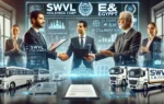 A professional business setting featuring representatives from Swvl Holdings Corp and e& Egypt signing a collaboration agreement. The scene includes d