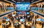 A vibrant event scene at the Edge Innovation Center showcasing the Demo Day for Raya FutureTECH's accelerator program. The setting includes tech start