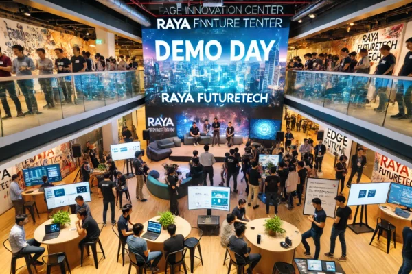 A vibrant event scene at the Edge Innovation Center showcasing the Demo Day for Raya FutureTECH's accelerator program. The setting includes tech start