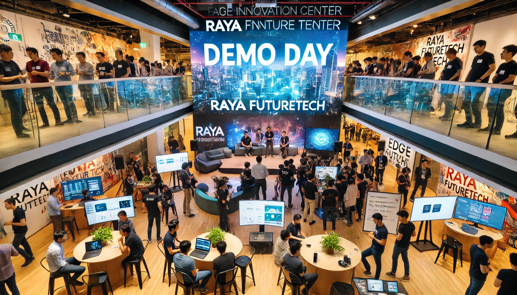 A vibrant event scene at the Edge Innovation Center showcasing the Demo Day for Raya FutureTECH's accelerator program. The setting includes tech start