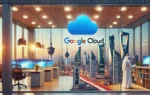 A modern office building with the Google Cloud logo prominently displayed. The setting is in Kuwait, with a backdrop featuring the skyline of Kuwait C