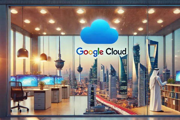 A modern office building with the Google Cloud logo prominently displayed. The setting is in Kuwait, with a backdrop featuring the skyline of Kuwait C