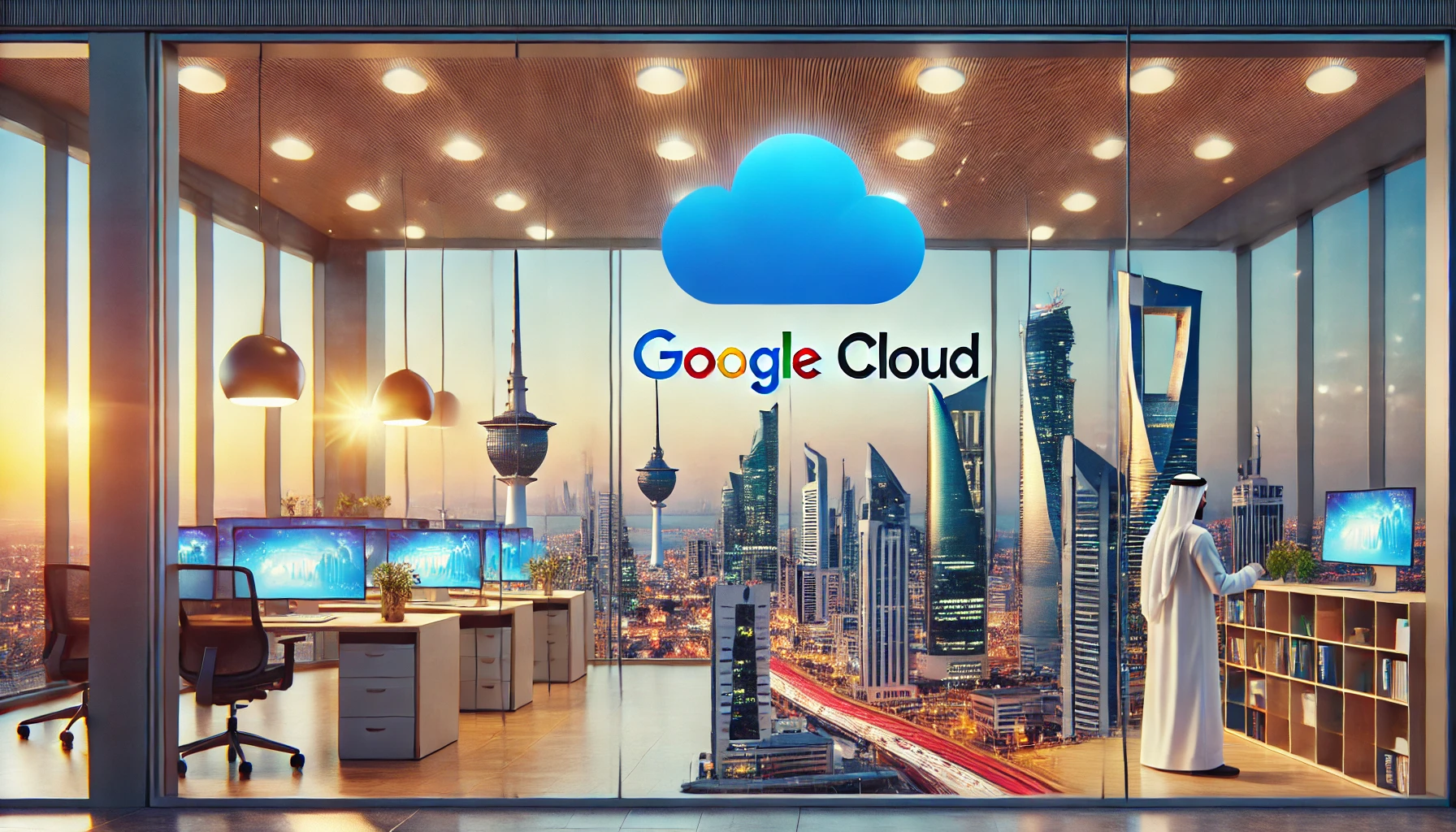 A modern office building with the Google Cloud logo prominently displayed. The setting is in Kuwait, with a backdrop featuring the skyline of Kuwait C