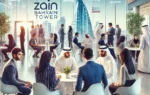 A dynamic and engaging mentorship event in a modern office setting at Zain Bahrain Tower. Young individuals are interacting one-on-one with industry l