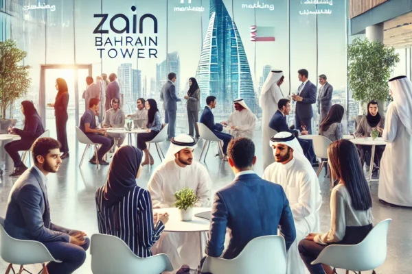 A dynamic and engaging mentorship event in a modern office setting at Zain Bahrain Tower. Young individuals are interacting one-on-one with industry l