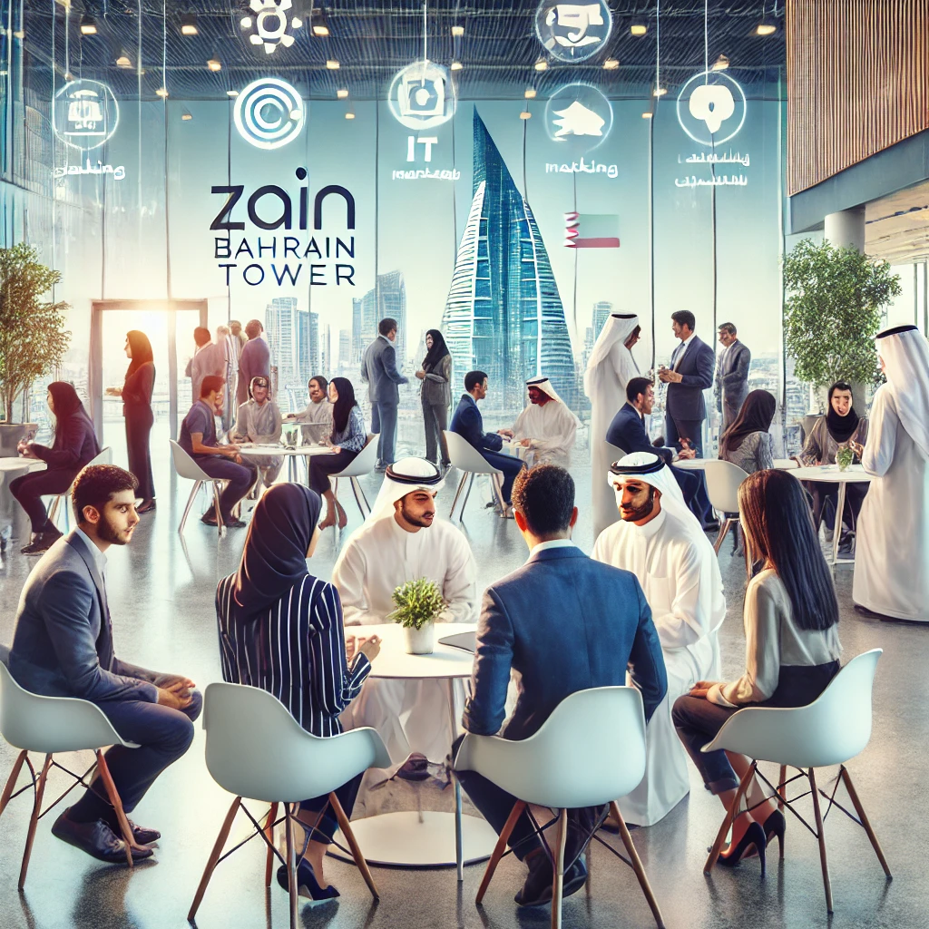 A dynamic and engaging mentorship event in a modern office setting at Zain Bahrain Tower. Young individuals are interacting one-on-one with industry l