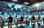 A modern cybersecurity operations center with advanced technology displays, cybersecurity professionals working at their stations, and a digital map o