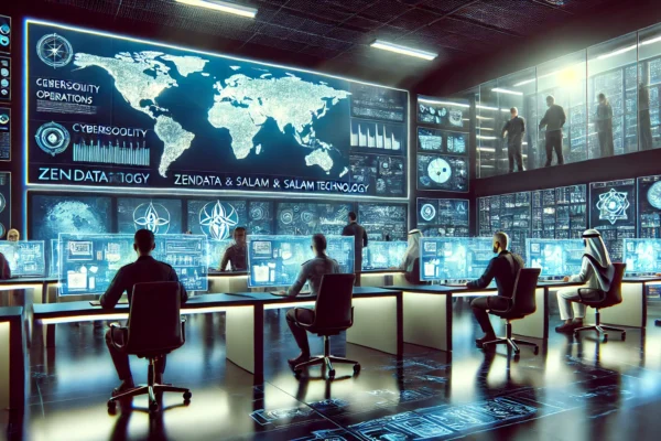 A modern cybersecurity operations center with advanced technology displays, cybersecurity professionals working at their stations, and a digital map o