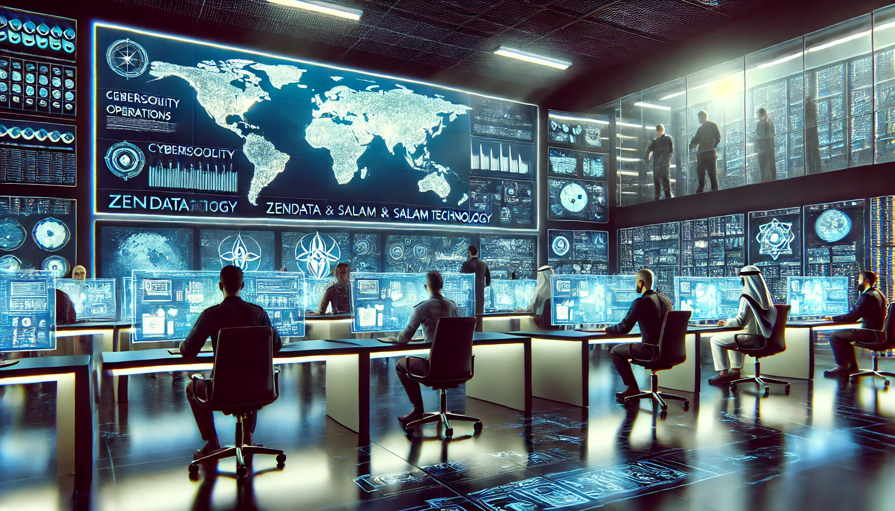 A modern cybersecurity operations center with advanced technology displays, cybersecurity professionals working at their stations, and a digital map o