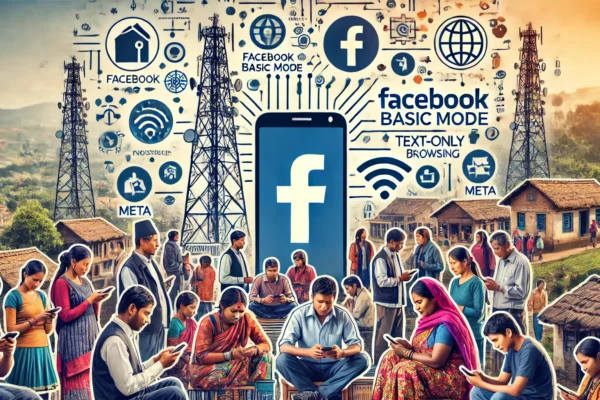 A diverse group of people in Nepal using mobile phones with Facebook Basic Mode and text-only web browsing in various settings, such as urban areas an