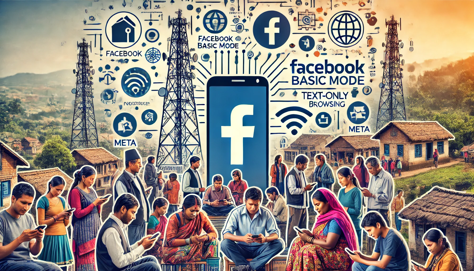 A diverse group of people in Nepal using mobile phones with Facebook Basic Mode and text-only web browsing in various settings, such as urban areas an