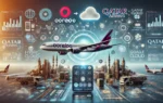 A high-tech collaboration scene showing Ooredoo and Qatar Airways with digital interfaces, cloud technology symbols, and Google Cloud elements. The im