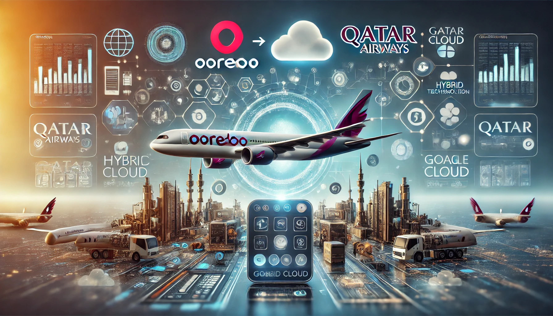 A high-tech collaboration scene showing Ooredoo and Qatar Airways with digital interfaces, cloud technology symbols, and Google Cloud elements. The im