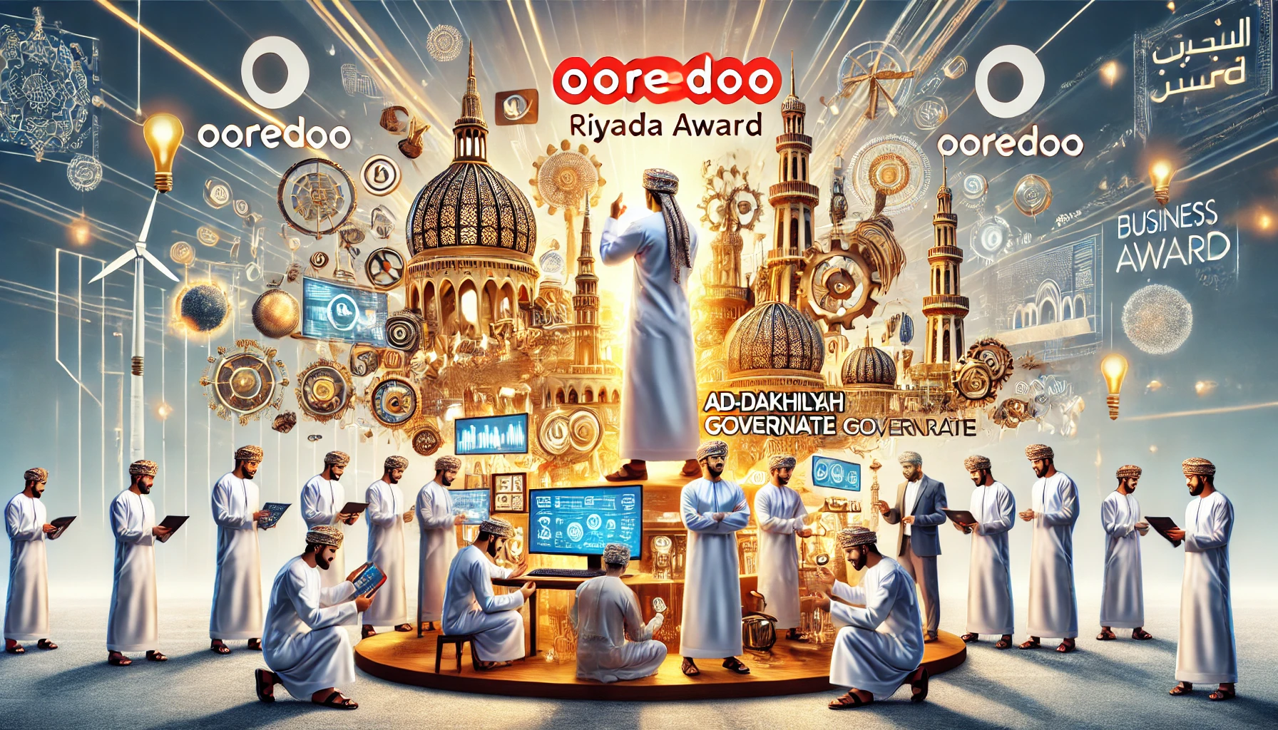 A dynamic scene showcasing the partnership between Ooredoo and Ad-Dakhiliyah Governorate for the Riyada award. Highlight elements of entrepreneurship