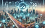 A high-tech cityscape of Riyadh, showcasing advanced 5G technology and infrastructure. Highlight elements such as 5G towers, digital data streams, and