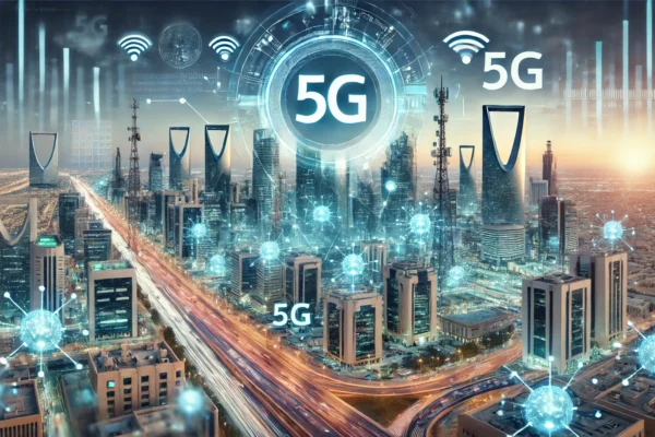 A high-tech cityscape of Riyadh, showcasing advanced 5G technology and infrastructure. Highlight elements such as 5G towers, digital data streams, and