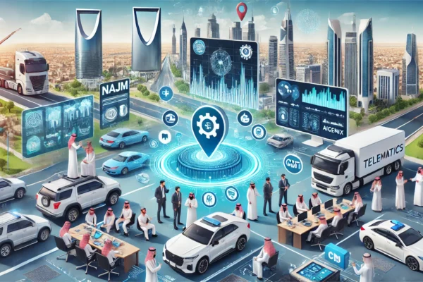 A dynamic scene showcasing advanced telematics technology in use for road safety in Saudi Arabia. Include elements like smart devices in vehicles, dat